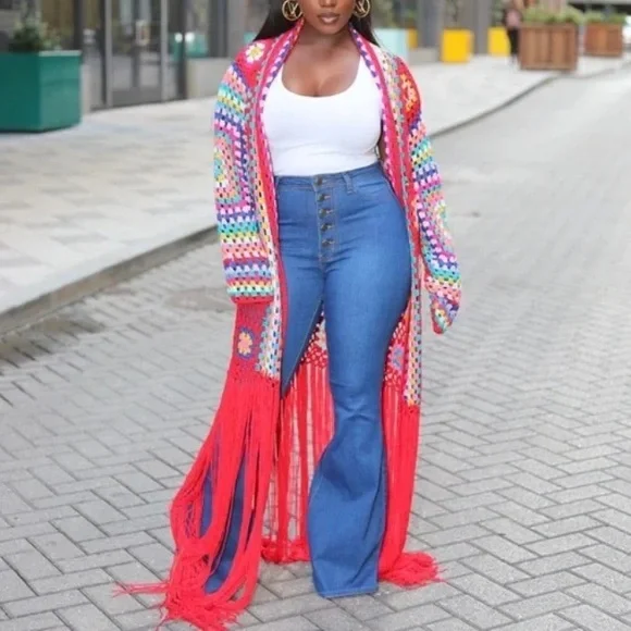 Retro Granny Square Colorful Crochet Long Fringe Cardigan - Picture 4 of 12